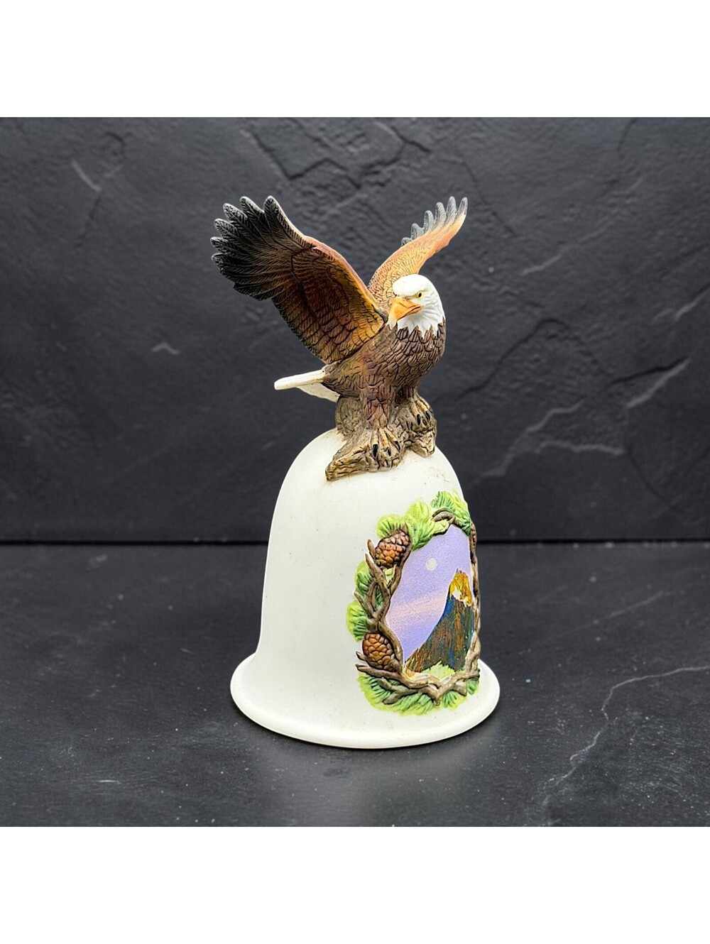 Vtg HomeTrends Porcelain Bald Eagle Dinner Bell Mountain Scene With Original Box